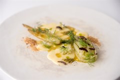Finocchio alla brace, patata, arancio, oliva e lievito