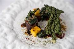 Capriolo al polline, polenta arrostita, cavolo nero, semi tostati, mirtillo nero e rafano